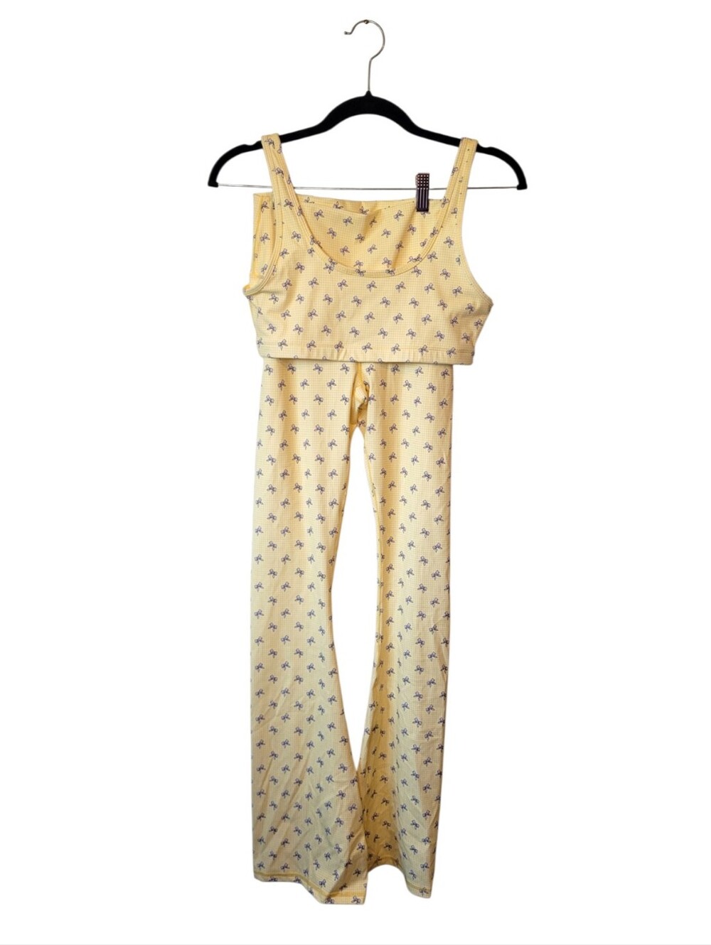Happy Camp3r Yellow Gingham And Bows Flared Leggings And Bra Workout Set Size SM